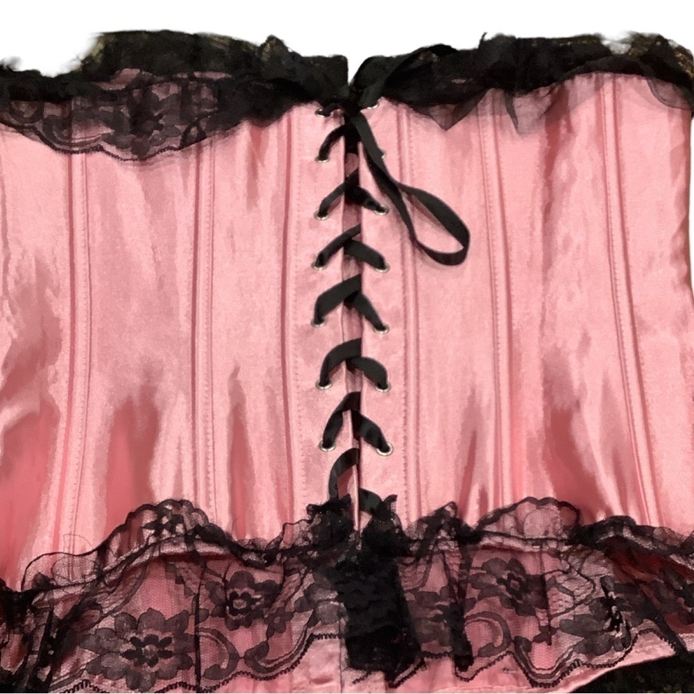 Vintage Corset Size Large Satin Pink & Black Lace & Bows Details. - Picture 2 of 11
